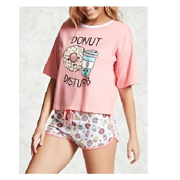 Printed short sleeve top and shorts pajama set women girls ladies custom summer pyjama loungewear nightwear sleepwear cotton