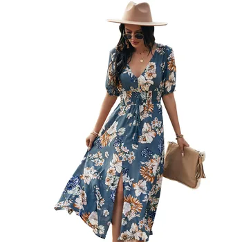 Premium Quality Amazon New Arrivals Summer Cotton Short High Street Style Sleeve Elegant One Piece Womens Floral Print Dress
