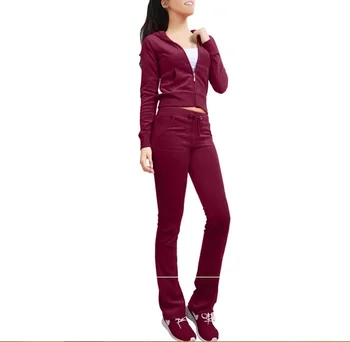 New arrivals 2022 custom logo women fitted plain red wine color gym sweat suit sets velour women's tracksuit