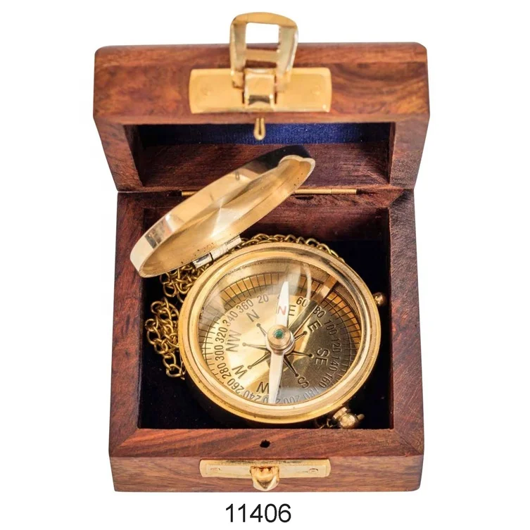Brass Compass Great Gift Pocket Compass & Chain in Nautical Wooden Box 