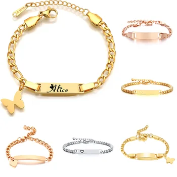 High Quality Popular Design Child id Bar Bracelets Jewelry Kids Personalized Adjustable Gold Heart Charm Baby Bangles For Girls