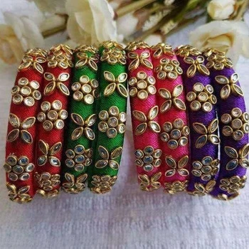 Indian Jewelry Silk Thread Bangles with Ornate metal beads Bangles Stack Various colors Wedding Favors