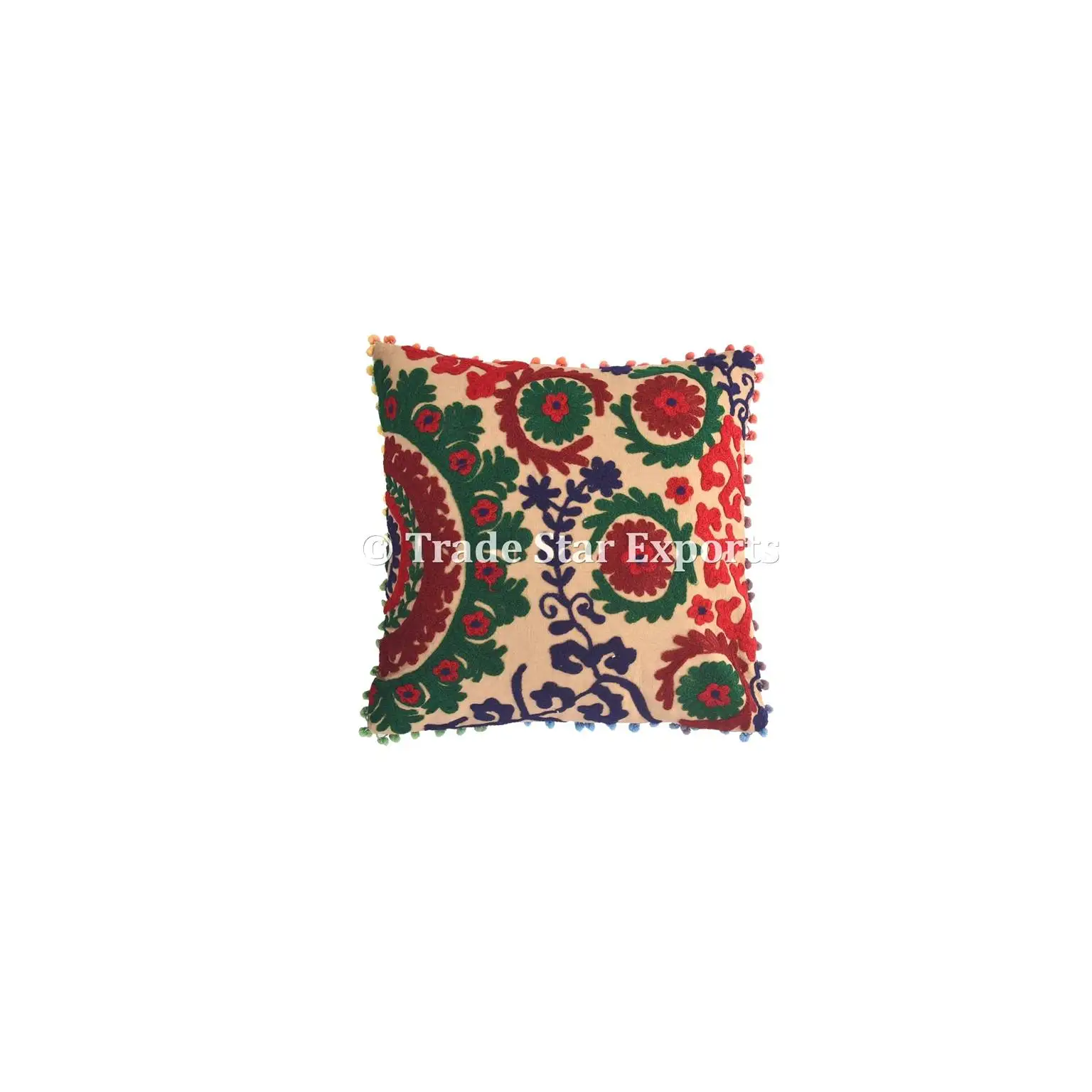 Indian Uzbek Suzani Embroidered Cushion Cover 16X16" Square Decorative Pillow 