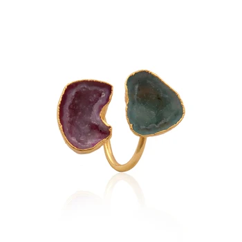 Gold Plated Pink & Green Geode Druzy Gemstones Adjustable Ring | Electroplating Setting Gemstone Ring Jewelry. Mode Joyas R-241