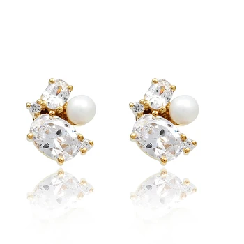 Top quality shinning American diamond fresh water pearl gemstone studs in 14K gold plated 925 silver women costume jewelry