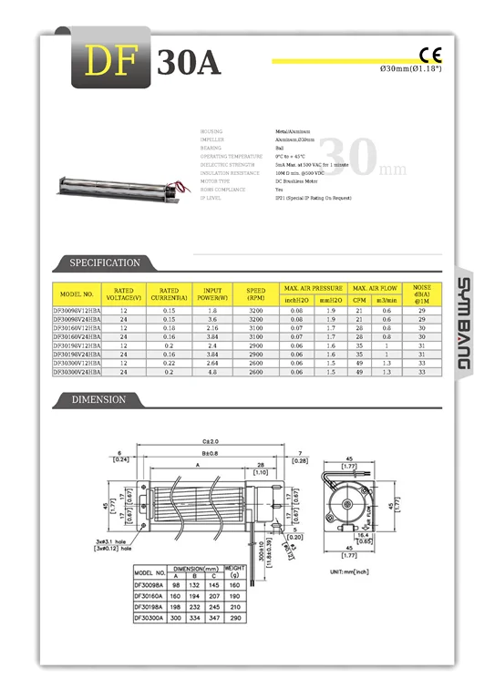 Cross Flow Fan, SYMBANG, DF30A, 12V, 24V - detail 2
