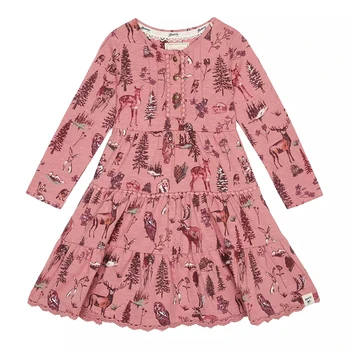 New Arrival Boutique Children Clothing 5 To 7 And 8 To 12 Years Old Girls Pink Floral Print Cotton Long-Sleeved Dress
