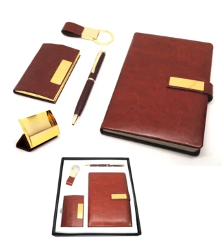 Brown Color Four In One Gift Sets Business Beautiful Corporate Gifts Customized Logo Leather Keychain Pen Holder Notebook