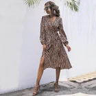 Dress Printed A-line One-piece Dress Side Slit Printed Striped Fall Long Sleeve Women Dress
