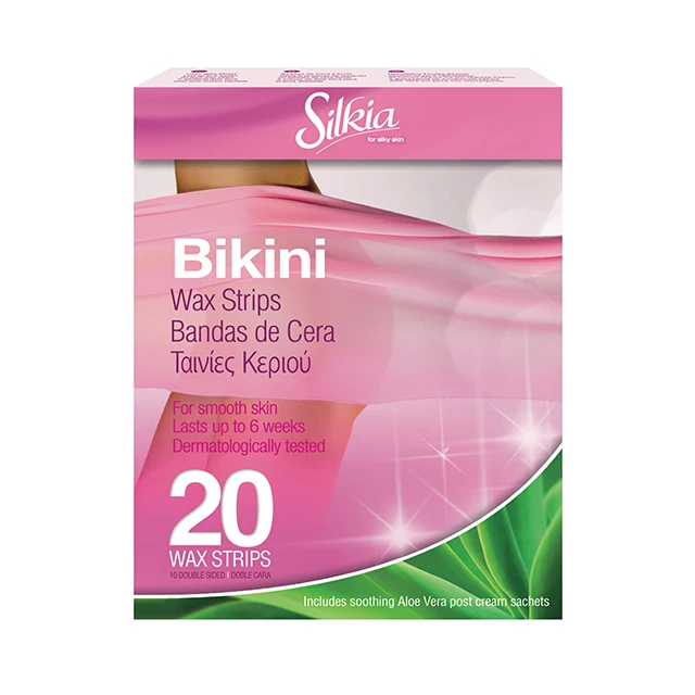 Tiras de cera para bikini Silkia | 10 x tiras de doble cara | 2 x Sobres de Crema de Aloe Vera