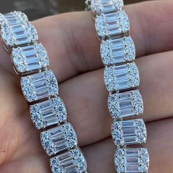 Iced out Baguette Cut VVS Moissanite Diamond Cluster Tennis Chain 925 Silver Necklace for Men & Women
