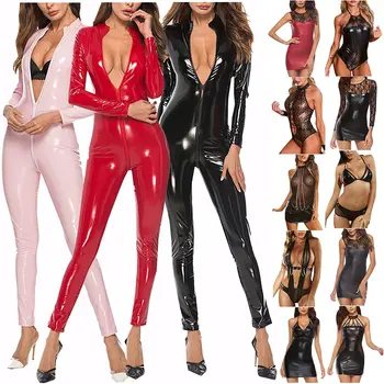 Womens Sexy Leather Bodysuit Lingerie For Naughty Sex Play Wet Look