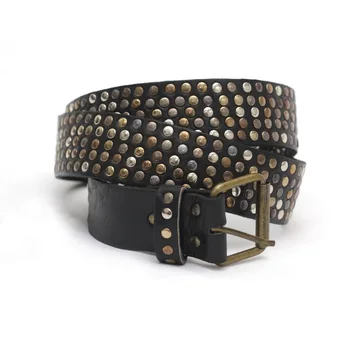 Factory Outlet Fashionable Men's Black Rock 'N' Roll Studded Leather Belt With Solid Brass Buckle