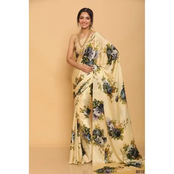Latest Designer Hot Selling Golden Color Party Wear Japan Satin Silk Digital Printed Saree Blouse For Women Wholesale Rate India