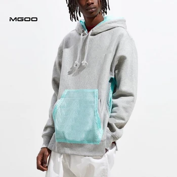 MGOO Custom design grey pullover hoodie Mesh layer oversized fleece hoodie mens
