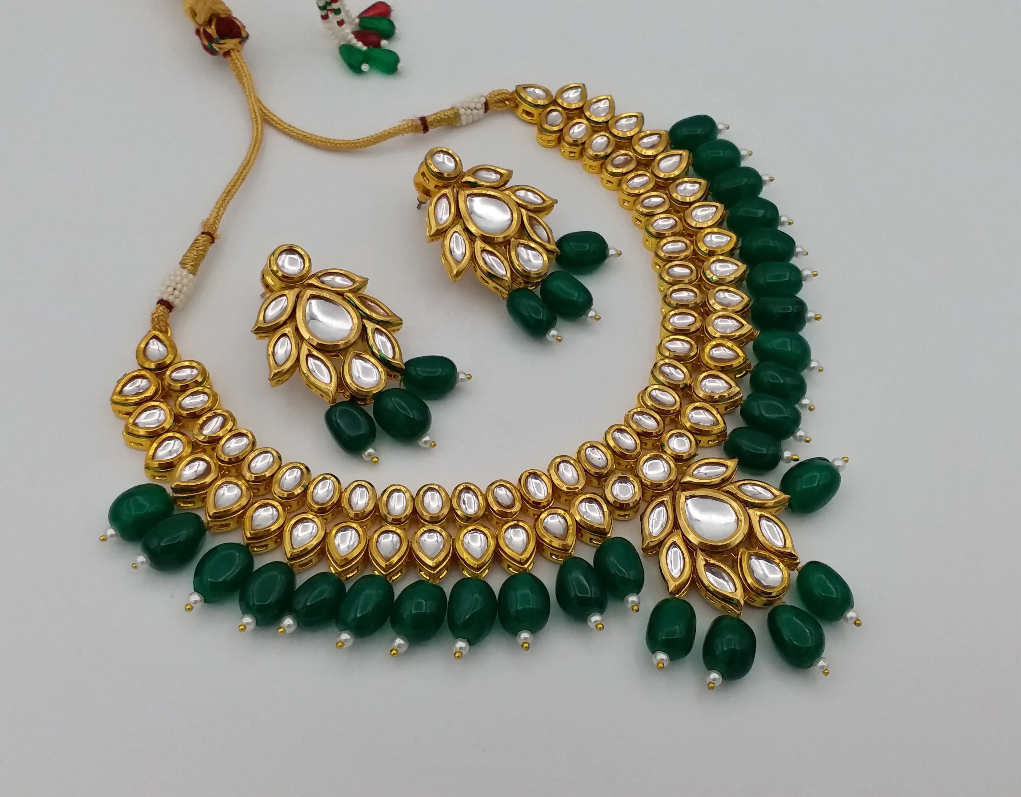 Kundan Necklace Emerald Bead Drop - Buy 