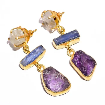 Fabulous Three Stones Aquamarine Blue Kyanite Gemstone Brass Earrings, Gold Plated Brass Jewelry, Indian Gold Brass Jewelry