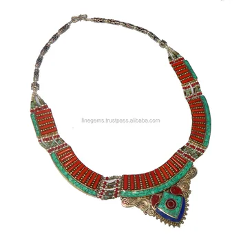 wholesale silver plated gemstone antique jewelry red coral and tibetan turquoise necklace