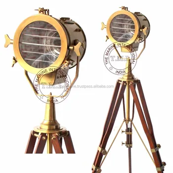 Vintage Look Designer Searchlight with Wooden Tripod Stand Collectible Brown Antique Spotlight Nautical Wooden Tripod