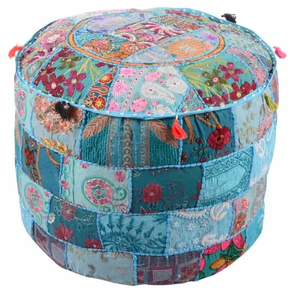 Indian Round Pouf Cover Vintage Ottoman Patchwork Footstool Embroidered Pouffe 