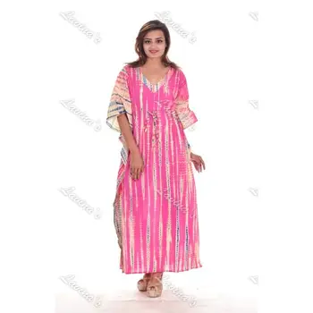 Indian women wear cotton tie dye printed long kaftan pink top tunic night gown kaftan evening gowns dresses