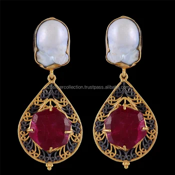 Costume Jewelry Ruby Earring Designs With Gold Brass Gemstone Jewellery