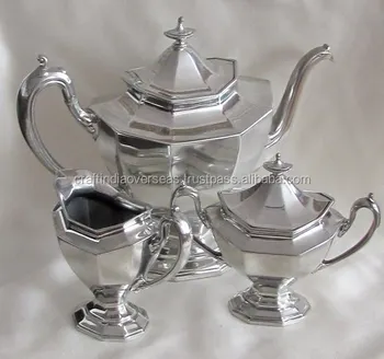 Brass silver plated tea set with sugar pot and milk pot