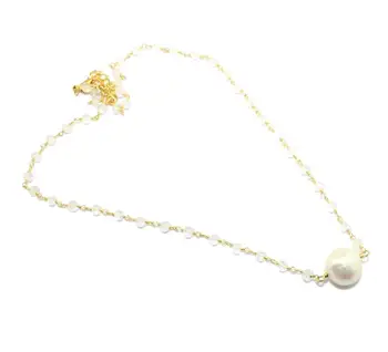 Natural Mother Of Pearl, Crystal Quartz Rosary Chain Necklace 24k Gold Plated Wholesale Jewelry Inida