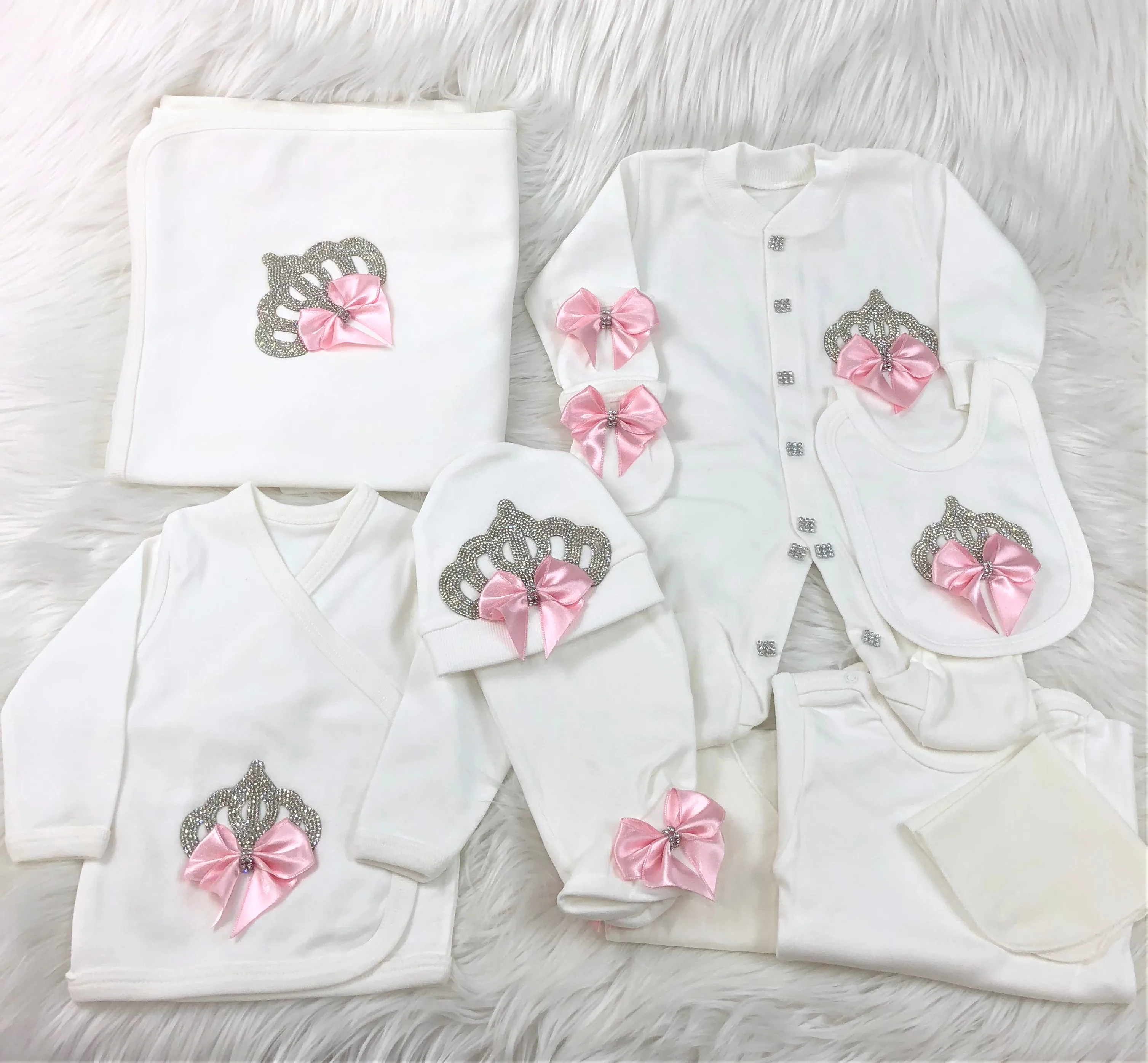 5 Piece Newborn Hospital Outfit Set Baby Girl Gift Set Coral Peach Crown Clothes 