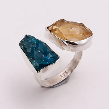 Secreat Beauty Two Stones Fancy Shape Natural Raw Citrine Neon Apatite Gemstone 925 Sterling Silver Ring Jewelry, Indian Jewelry