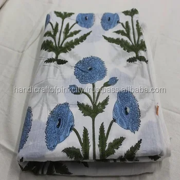 Hand Block Print Cotton Fabric Natural Indigo Dye 2.5 Yards Floral
