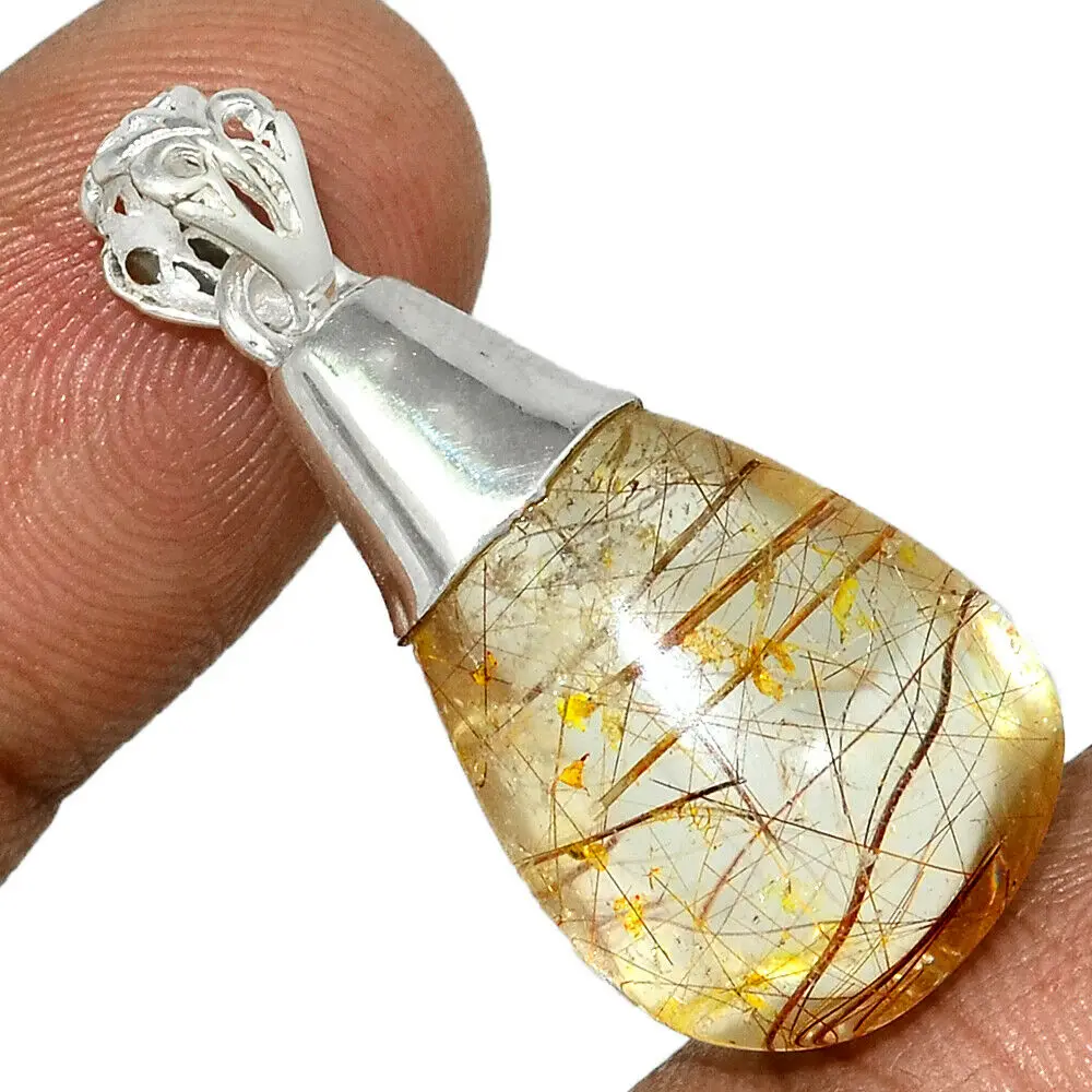 beautiful 925 sterling silver golden rutile pendant silver hand