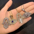 Crystal Necklace Custom Design Jewelry Hamsa Iced Out Cz Turkish Crystal Gold Evil Hand Eyes Shape Necklace