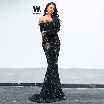 Evening Gown Sequin Female Prom Dress 2022 Off-shoulder Feather Long Sleeve Party Dress Evening Dress