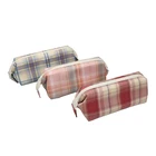 Custom Washable Oxford Cloth Storage Teens Girls Plaid Wide Open Boat Shaped Shcool Pencil Case