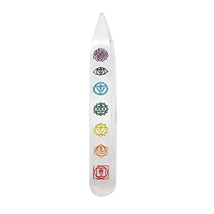 Selenite Point Tower Engraved Chakra Symbol Healing Wand Obeslick Seven