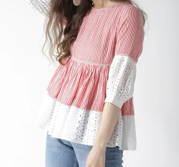Modern tops Classic Organic Color for women's Red White Striped A-Line Girls Top Ethnic embroidered Vertical Ladies Top T-shirt