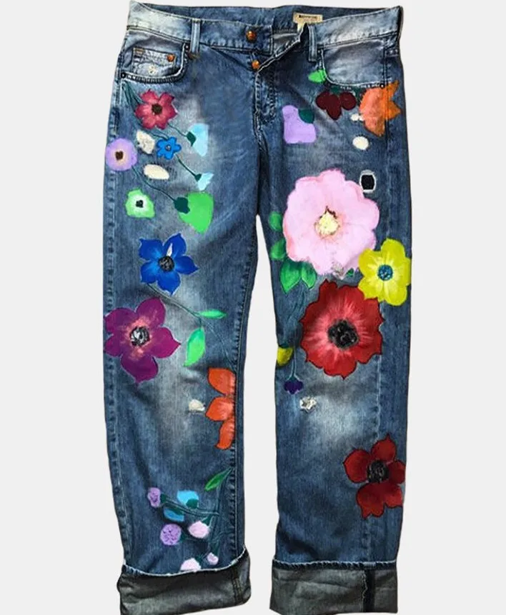 denim floral casual pants