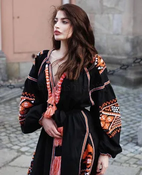 Black Boho dress v neckline string with tassel long balloon puff sleeve vintage embroidery bohemian evening ukrainian gown