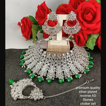 Silver Plated AD Stone Bridal Choker Necklace Set With Earring And Mang Tika Stone Fashion Jewellery Wholesaler
