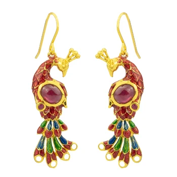 Thai Style Peacock Enamel Jewelry White Red Enamel Leaves Chandelier Yellow Gold 925 SIlver Gemstone Ruby Topaz Earring (ER2951)