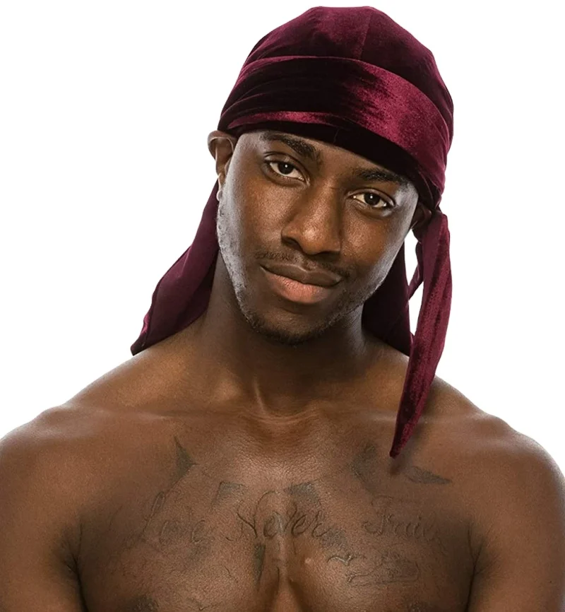 Silky Durag Caps Elastic Wave Cap Long Tail Headscarf Elastic Wide Straps Headwraps for Men Navy, Wine Red 