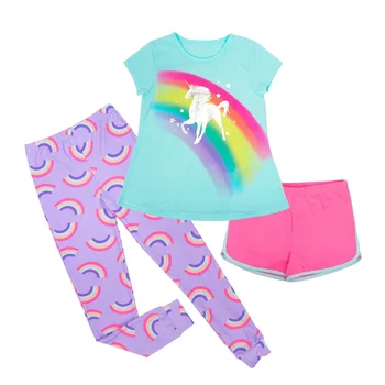 Graphic Rainbow Apparel Tee Shirts Print Kids Lush Lounge Pants OEM Children Girls Unicorn Pajamas Sleepwear