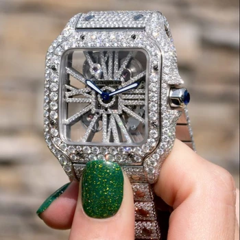 Moissanite Studded Iced Out Skeleton Customized Diamond Men's Luxury Lab Diamond Wrist Date Watch Swiss Moment Gemstone Watches