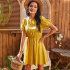 Yellow 2022 Spring New Women's High Waist Open Back Strappy Round Neck Yellow Dress Women's Puff Sleeve A-line Skirt