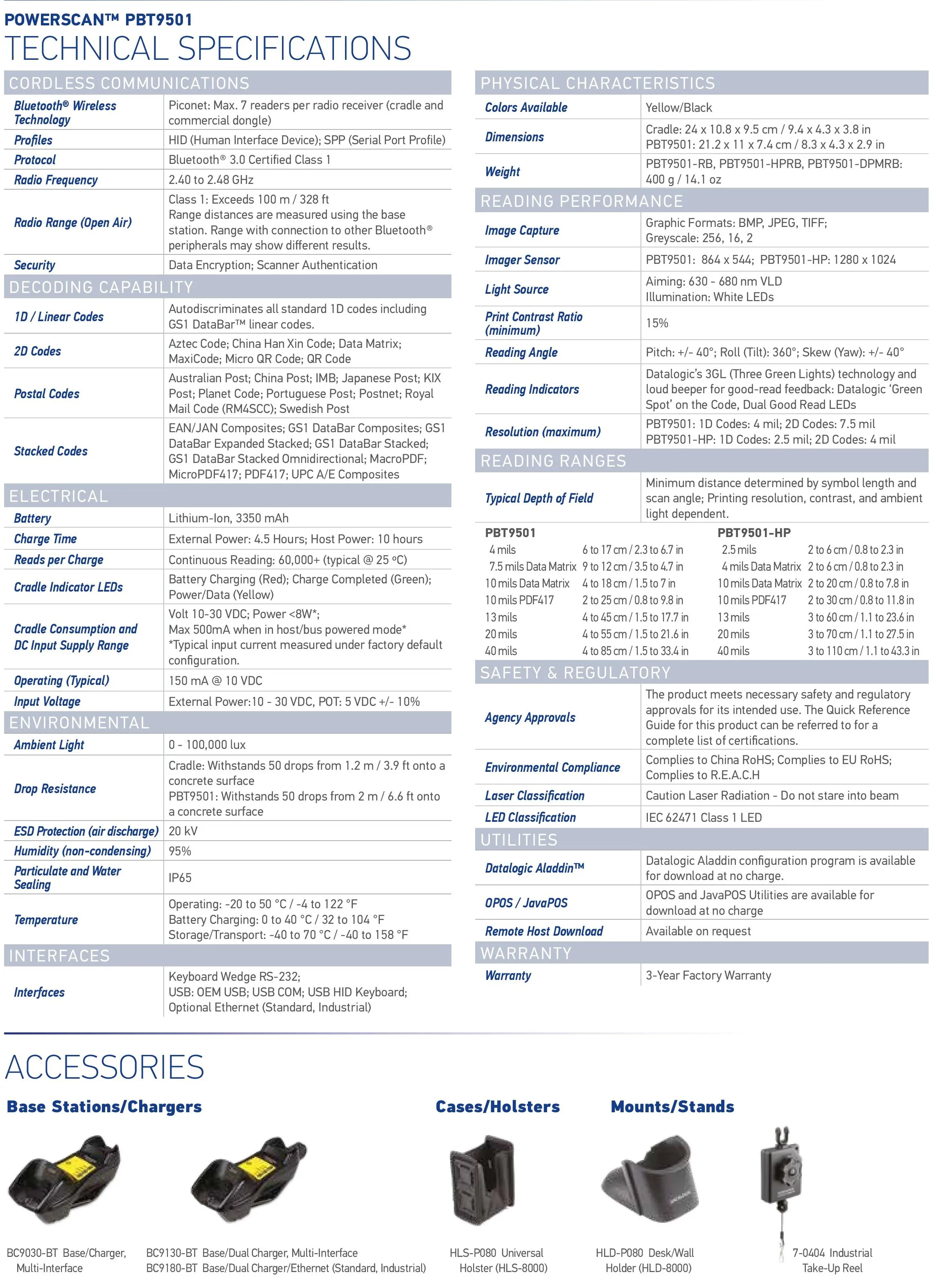 Datalogic PowerScan PBT9501-Industrial Scanner Wireless USB Interface 1D/2D Barcode Light for Harsh Environments