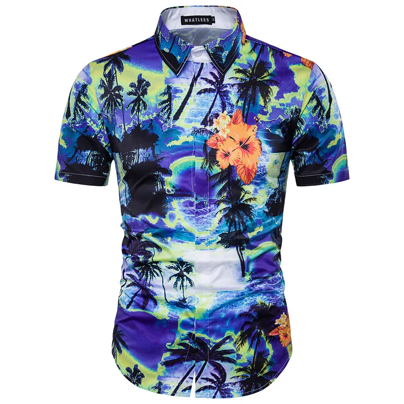 100% Cotton Mens Hawaiian Shirts Male Casual Printed Beach Shirts Short Sleeve Summer Party Shirt