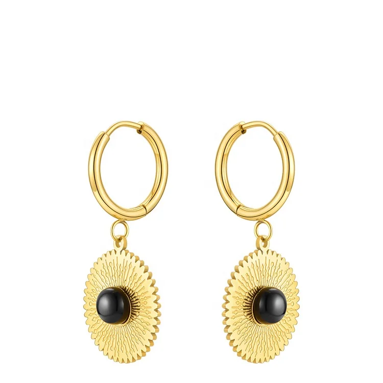 Latest High Quality 18K Gold Plated Stainless Steel Jewelry Fashion Black Agate Metal Earrings E201217