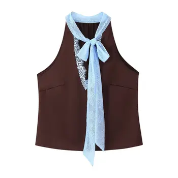 Women's 2025 Autumn Vintage Sleeveless Cropped Halter Top New Fashionable Lace-Stitch Design Breathable Casual Tank Tops Short