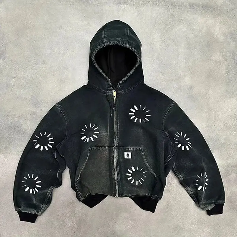 Custom Stone Washed Full Face Zipper Hoodie Printing